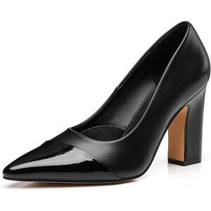 Women's Black Polyurethane Closed Pointed Toe Chunky Classic Pumps Block Heels